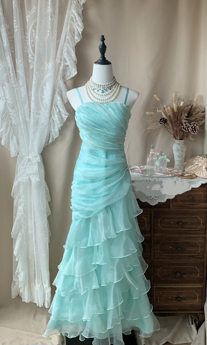 Spaghetti Straps Blue Ruffle Long Prom Dress Vintage Formal Party Dress J8799
