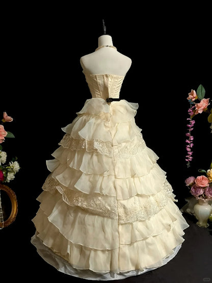 Robe de bal longue bustier beige à volants, tenue d'anniversaire pour 15 ans, J8465