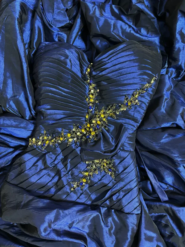 Sweetheart Blue Satin Vintage Prom Dress Beaded Formal Evening Dress J8086