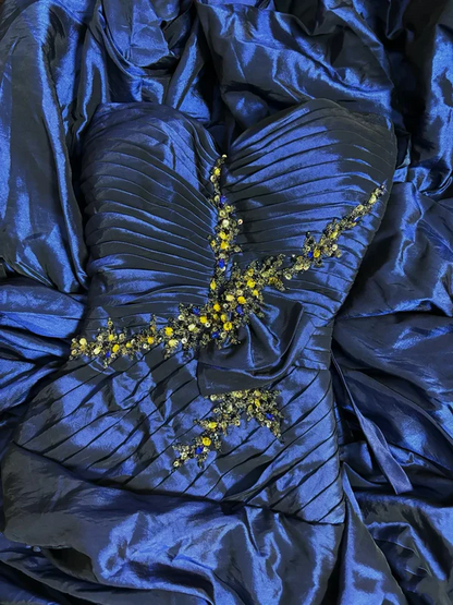 Sweetheart Blue Satin Vintage Prom Dress Beaded Formal Evening Dress J8086