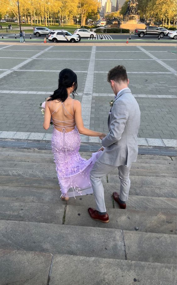 Sexy Mermaid Long Lilac Backless Lace Prom Dress Party Dresses J7531