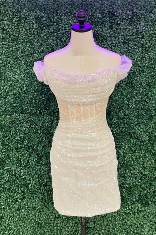 Ivory Off-The-Shoulder Sheath Sequins Homecoming Dress J7686