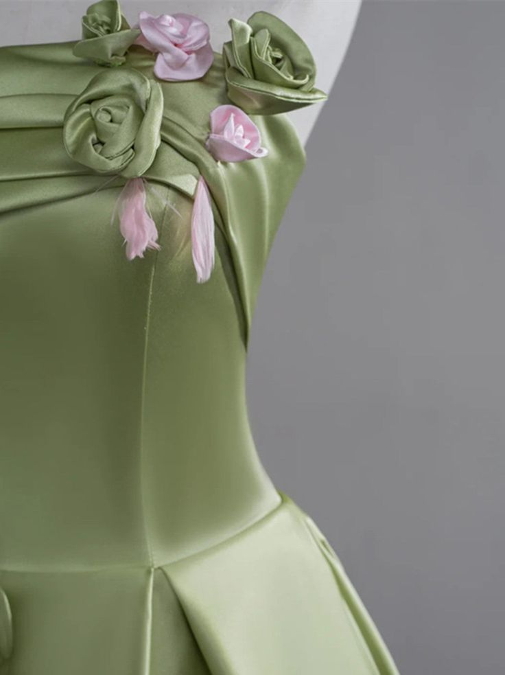 Robe de soirée trapèze en satin vert à fleurs, jolie robe de bal longue pour adolescente J8376