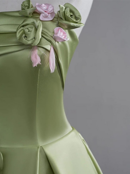 Robe de soirée trapèze en satin vert à fleurs, jolie robe de bal longue pour adolescente J8376