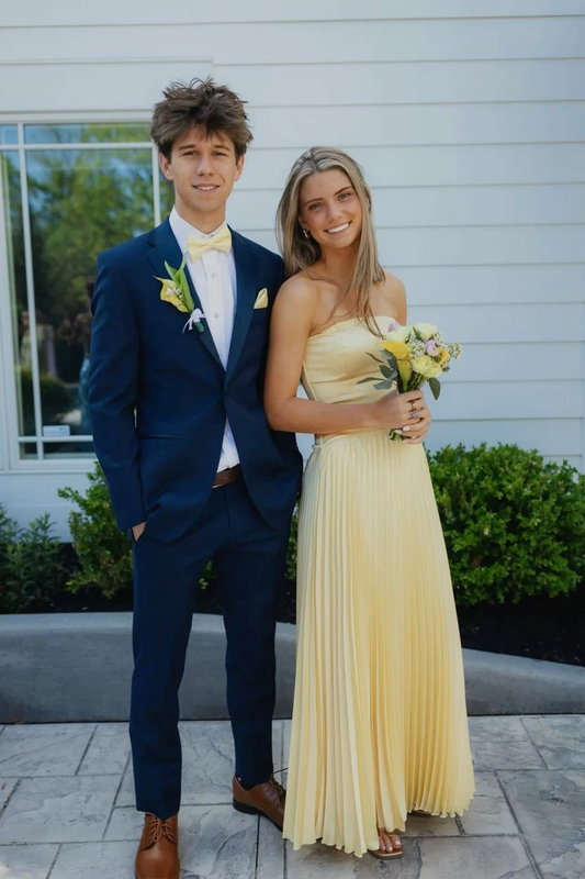 Trägerloses A-Linien-Ballkleid aus gelbem Satin, formelles Partykleid J7346