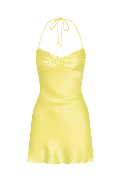 Neckholder-Mini-Heimkehrkleid aus Satin mit Schnürung und Pailletten J8369