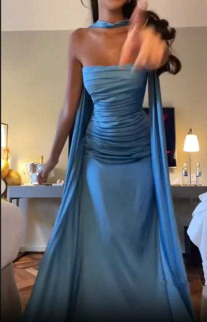 Robe de bal longue en satin bleu sans bretelles, coupe trapèze, tenue de soirée formelle J2877