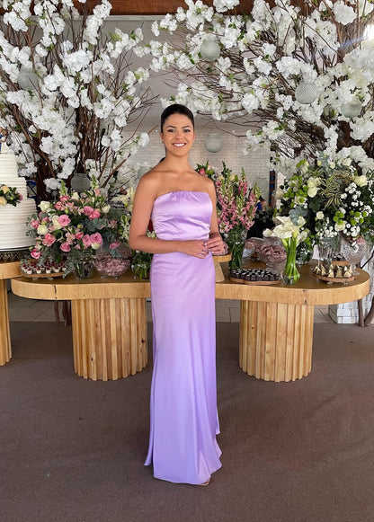 Strapless Lavender Satin Prom Dress Wedding Guest Dress J7789
