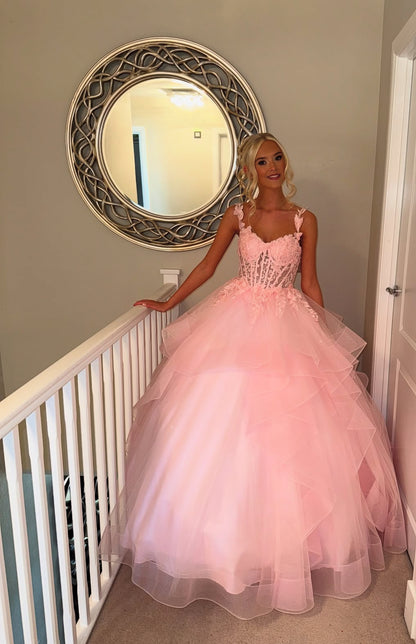 Robe de bal longue rose à appliques, robe d'anniversaire Sweet 15 J7904