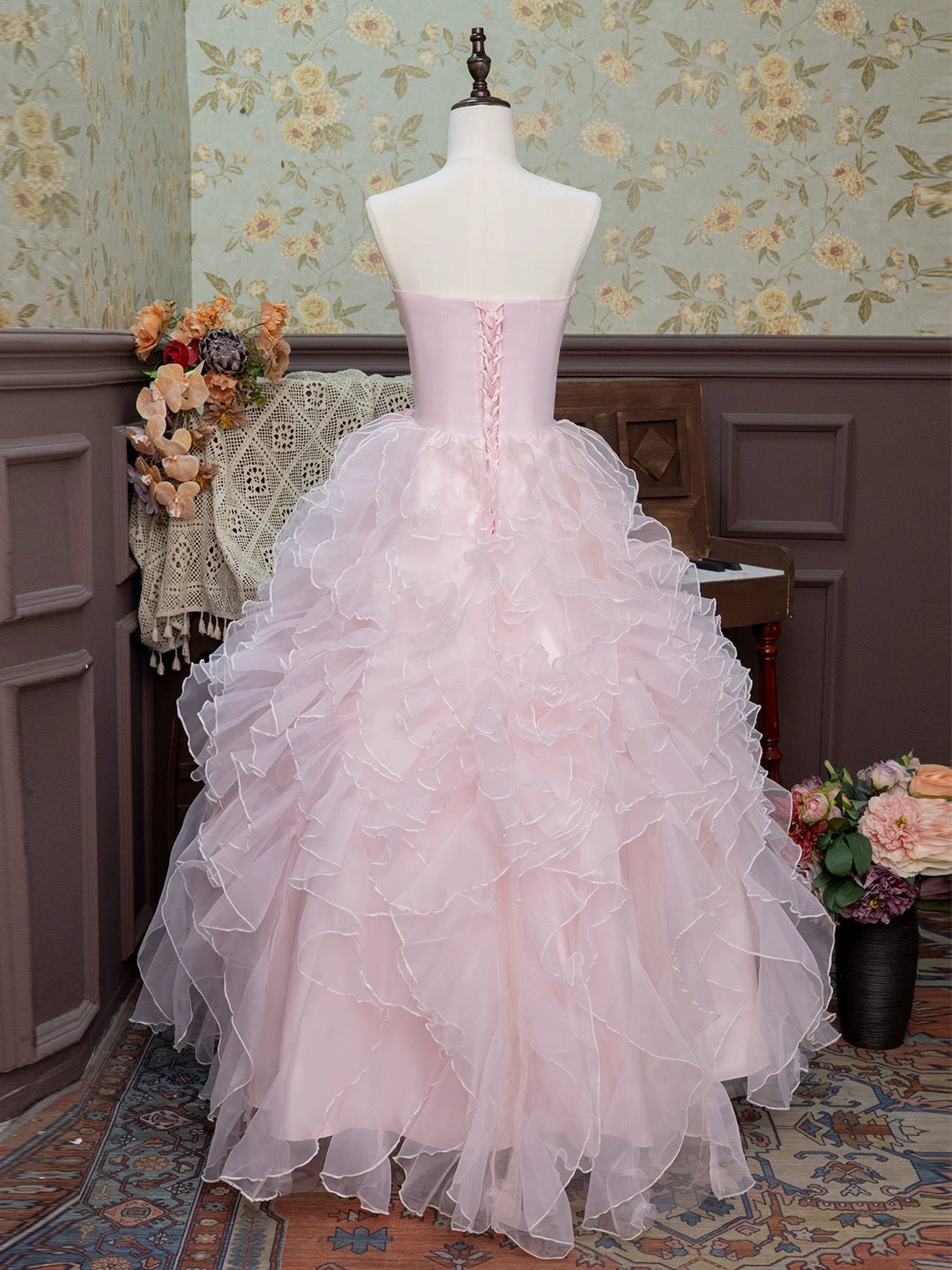 Robe de bal bustier coupe A, rose, à volants, pour les 16 ans, J7723