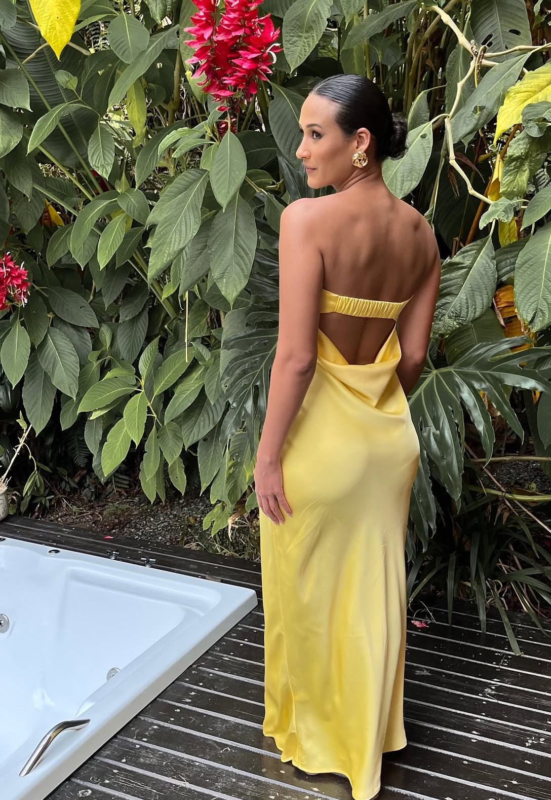 Robe fourreau jaune en satin pour bal de promo, robe d'invitée de mariage, robe de soirée, J7073