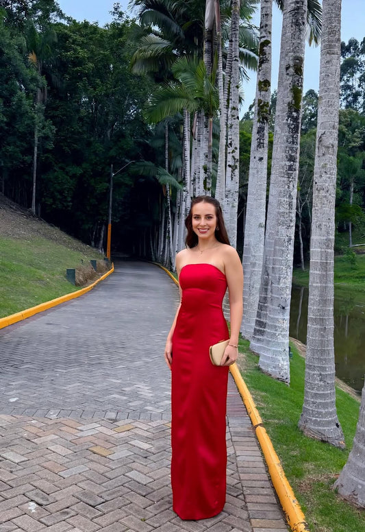 Strapless Sheath Red Long Prom Dress Satin Evening Dress J7961