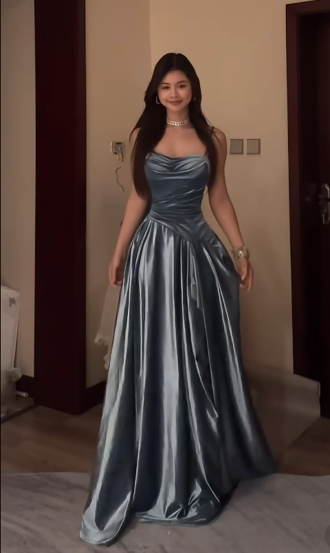 Robe de bal trapèze à bretelles spaghetti, gris et bleu, en satin, tenue d'anniversaire, J6612