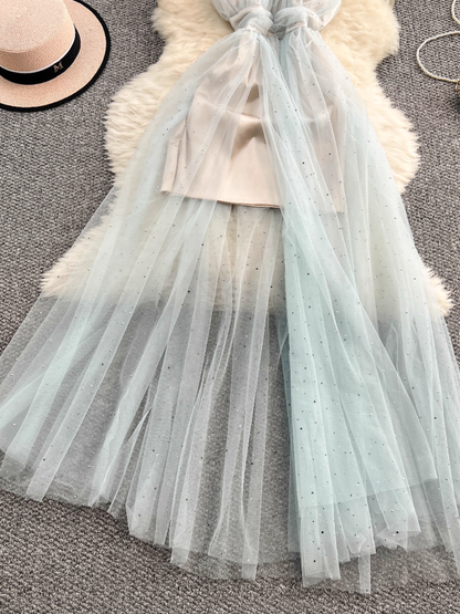 Fairy Tulle Bow Spaghetti Strap Summer Long Dress L43