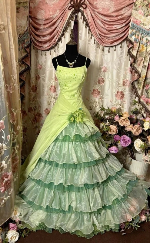 A Line Green Vintage Long Prom Dresses Layered Birthday Dress J8475