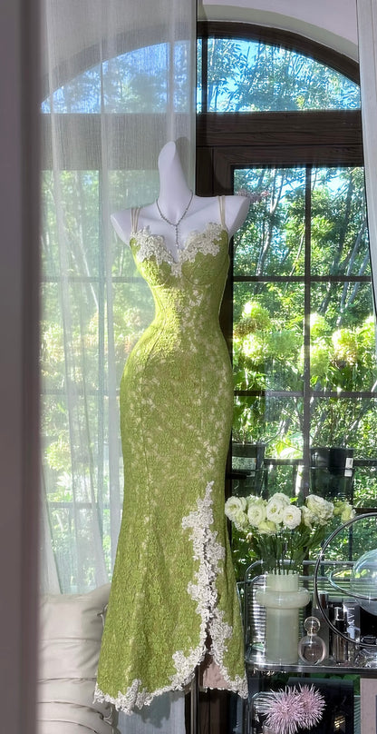 Mermaid Green Lace Long Prom Dress Vintage Formal Party Gown J8410