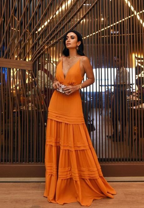 Elegantes A-Linien-Träger-Lang-Organge-Ballkleid Hochzeitsgastkleid J7569