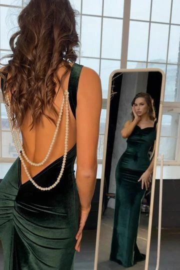 Robe de bal sirène en velours, dos nu, avec perles, J8785