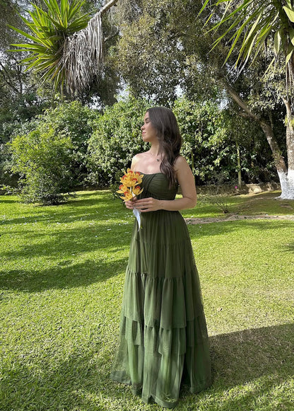 Robe de mariée bustier coupe trapèze verte en mousseline de soie, robe de bal J7759