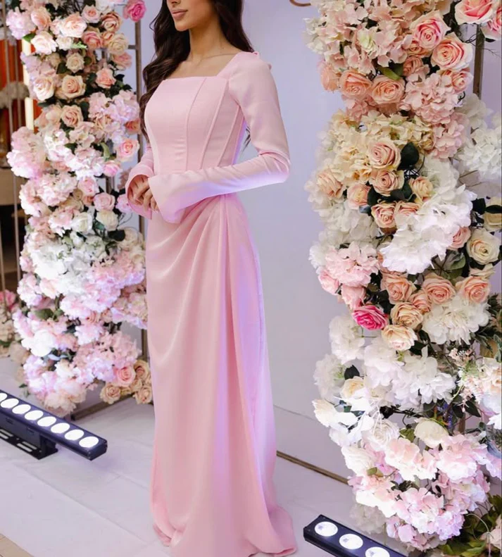 Pink Square Neck Long Sleeves Evening Dress Modest Party Dress J8737