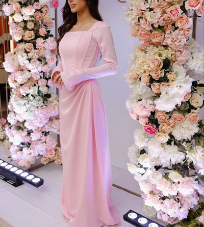 Pink Square Neck Long Sleeves Evening Dress Modest Party Dress J8737