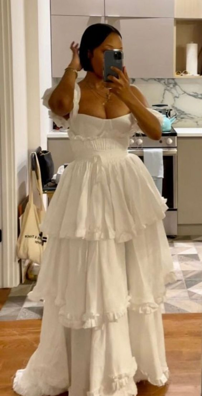 Sexy A Line Ruffles Chiffon White Prom Dress Birthday Outfit J8305