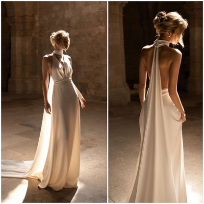 Halter White Long Wedding Dress Backless Bridal Dress J8231