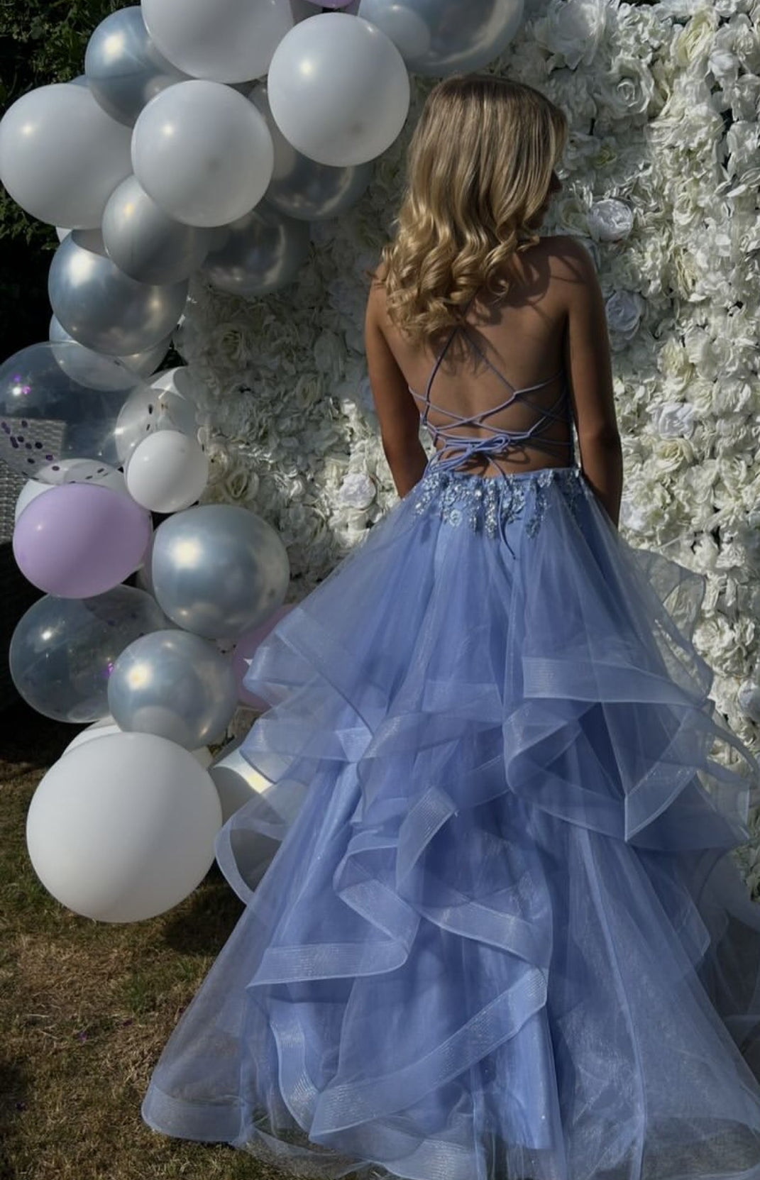 Robe de bal longue bleue à bretelles spaghetti et coupe trapèze, en tulle appliqué, robe de remise de diplôme J7916