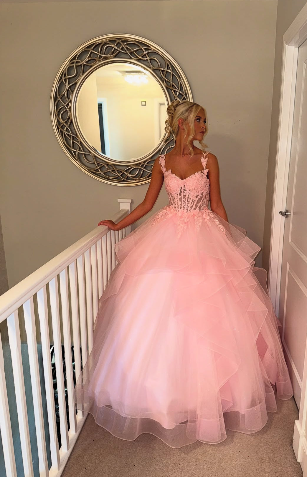 Robe de bal longue rose à appliques, robe d'anniversaire Sweet 15 J7904