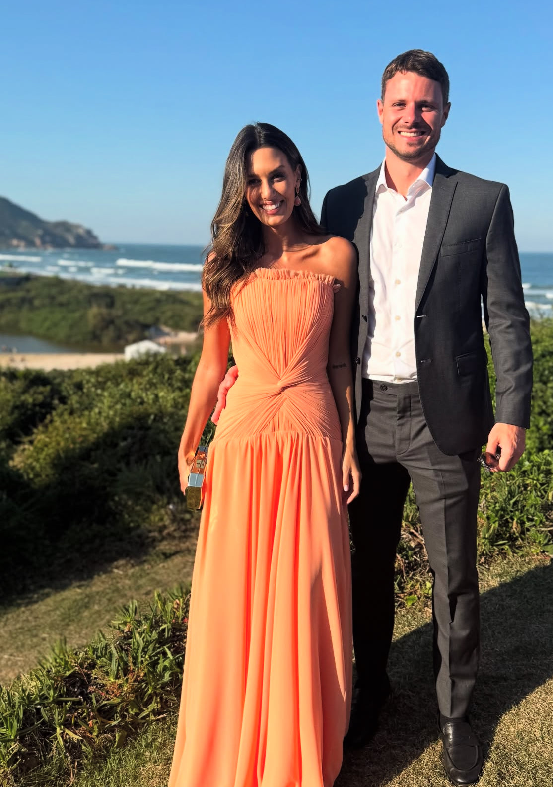 Robe longue orange pour invité de mariage, robe de soirée formelle J7087