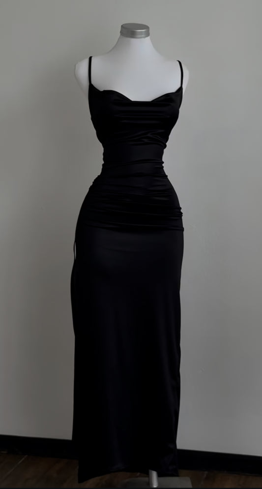 Spaghettiträger Schwarz Satin Langes Ballkleid Formales Abendkleid J8594