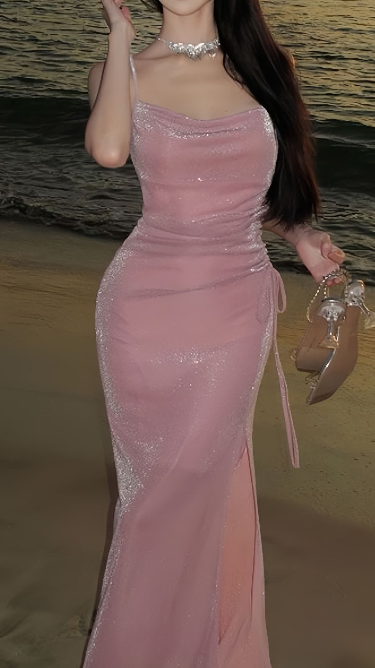 Robe de soirée moulante rose pailletée, longue, avec fente latérale, J8360
