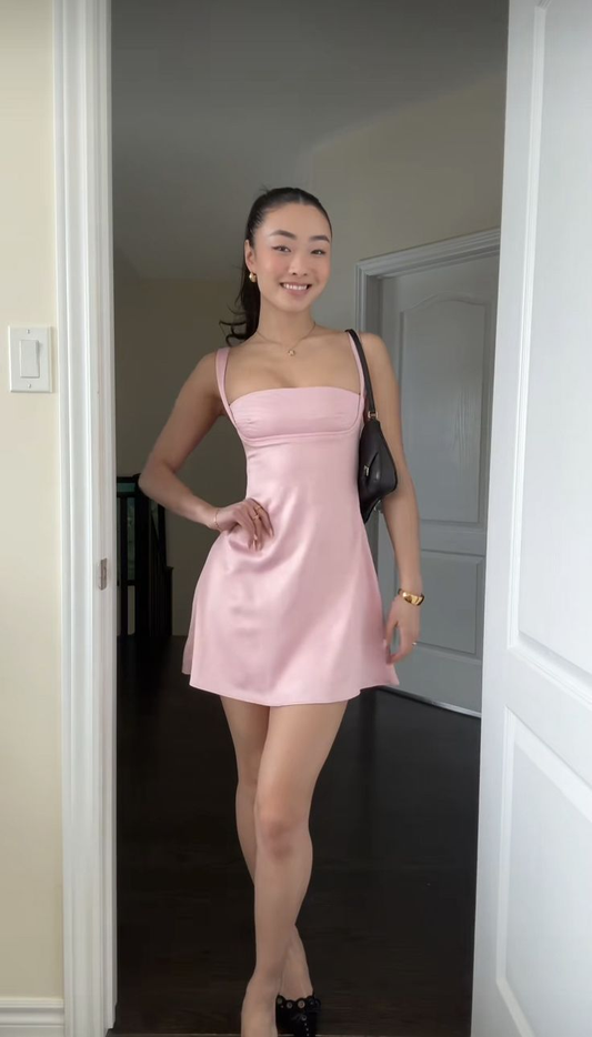 Robe de soirée rose coupe trapèze, tenue d'anniversaire J7470