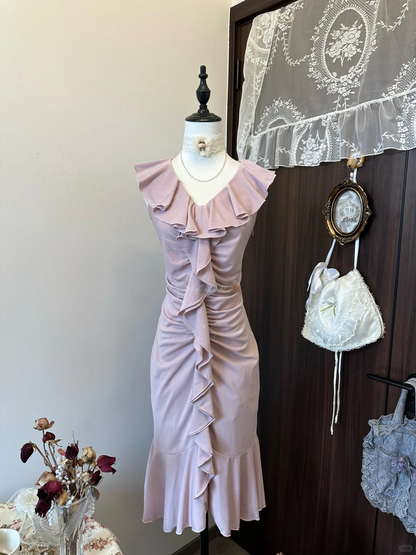 Robe de soirée trapèze rose à volants J8034