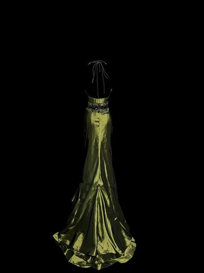 Vintage Mermaid Olive Green Satin Birthday Outfits Formal Party Dresses J7106