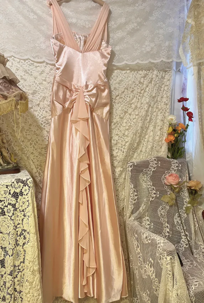 Pink V-Neck Satin Long Prom Dress With Ruffle J8775