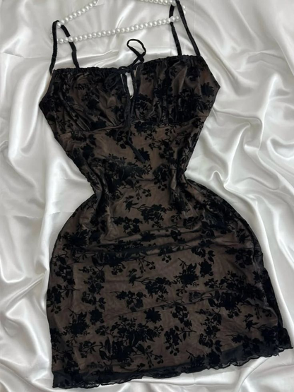 Vintage Lila Schwarz Spitzenträger Mini Homecoming Kleid J7661