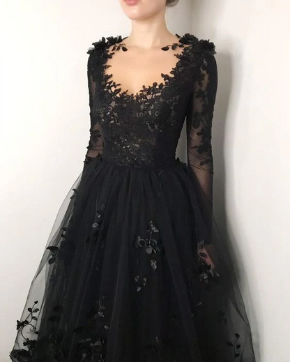 Black Lace Wedding Dress Long Sleeves Bridal Gown J8748
