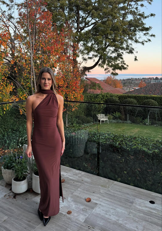 Braunes Meerjungfrau-Maxikleid, formelles Ballkleid, Abendkleid, Partykleid J7202