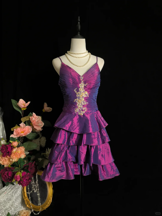 Spaghettiträger Fuchsia Lagenkleid mit Applikationen Kurzes Partykleid J8464