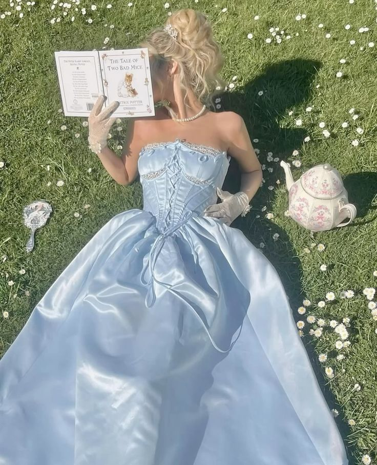 Robe de princesse bleue sans bretelles, coupe trapèze, robe de fée bleue J7560