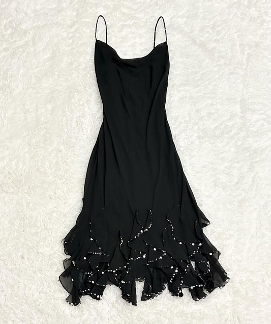 Spaghettiträger Schwarz Chiffon Langes Ballkleid Rüschen Abendkleid J8372