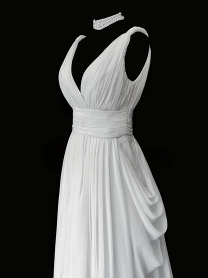 V-Ausschnitt A-Linie Langes Abendkleid Chiffon Brautkleid in Weiß J8427