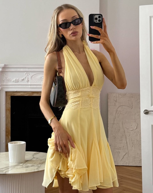 Halfter A-Linie Gelbes Homecoming-Kleid V-Ausschnitt Rüschen Kurzes Partykleid J7502