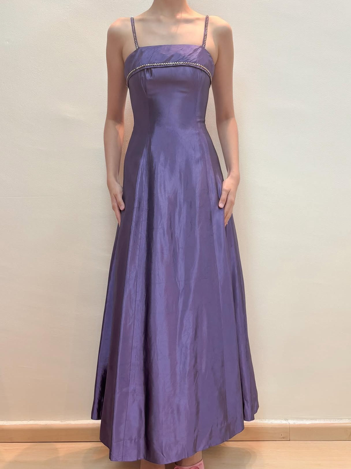 Spaghetti Straps Purple A Line Long Prom Dress Vintage Evening Dress J8553
