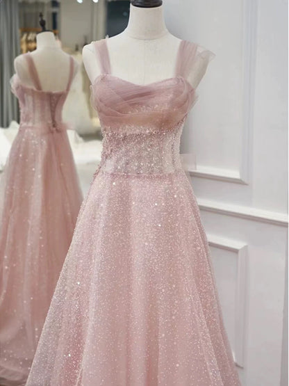 Rosa A-Linie Abendkleid Tüll Glitzerndes Ballkleid J6773
