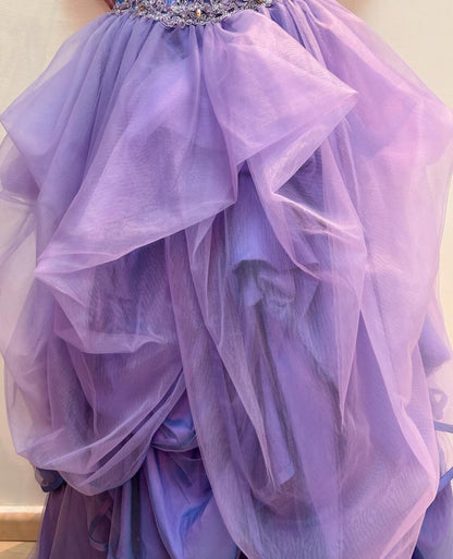 Robe de bal longue violette claire pour 16 ans, coupe trapèze, décolleté en cœur, J8548
