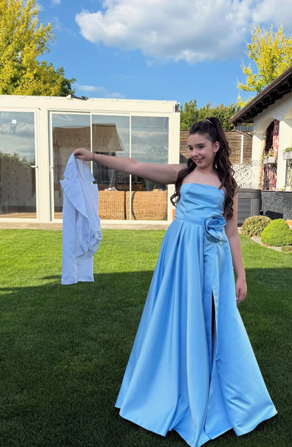 Trägerloses A-Linien-Blau-Langballkleid mit Schlitz und Hochzeitsgastkleid J7861