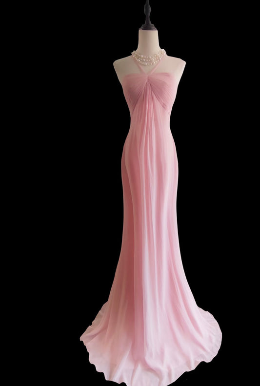 Pink Mermaid Chiffon Evening Dress Formal Prom Dress J7323