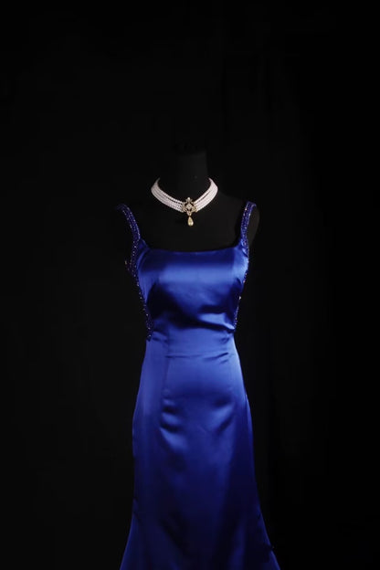 Robe de bal longue et élégante, dos nu, bleu roi, avec perles, J8048